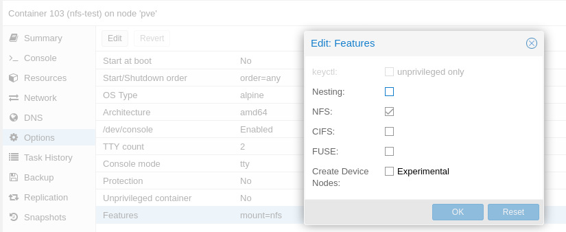 Proxmox makes enabling NFS on privileged containers just a check of a box