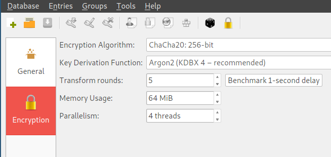 The settings I'm using for my database