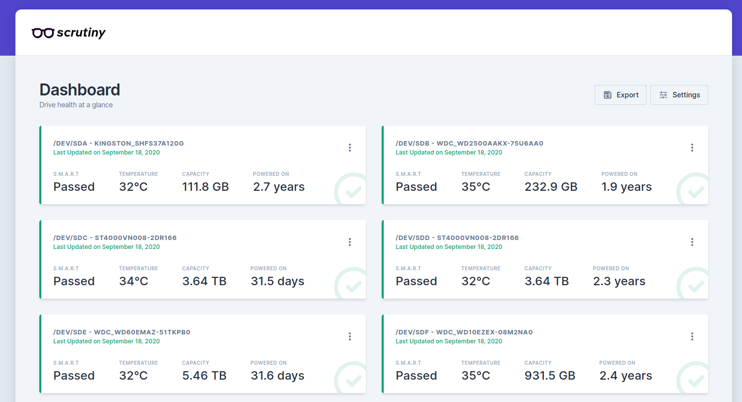 Scrutiny homepage, showing the drives connected to my server